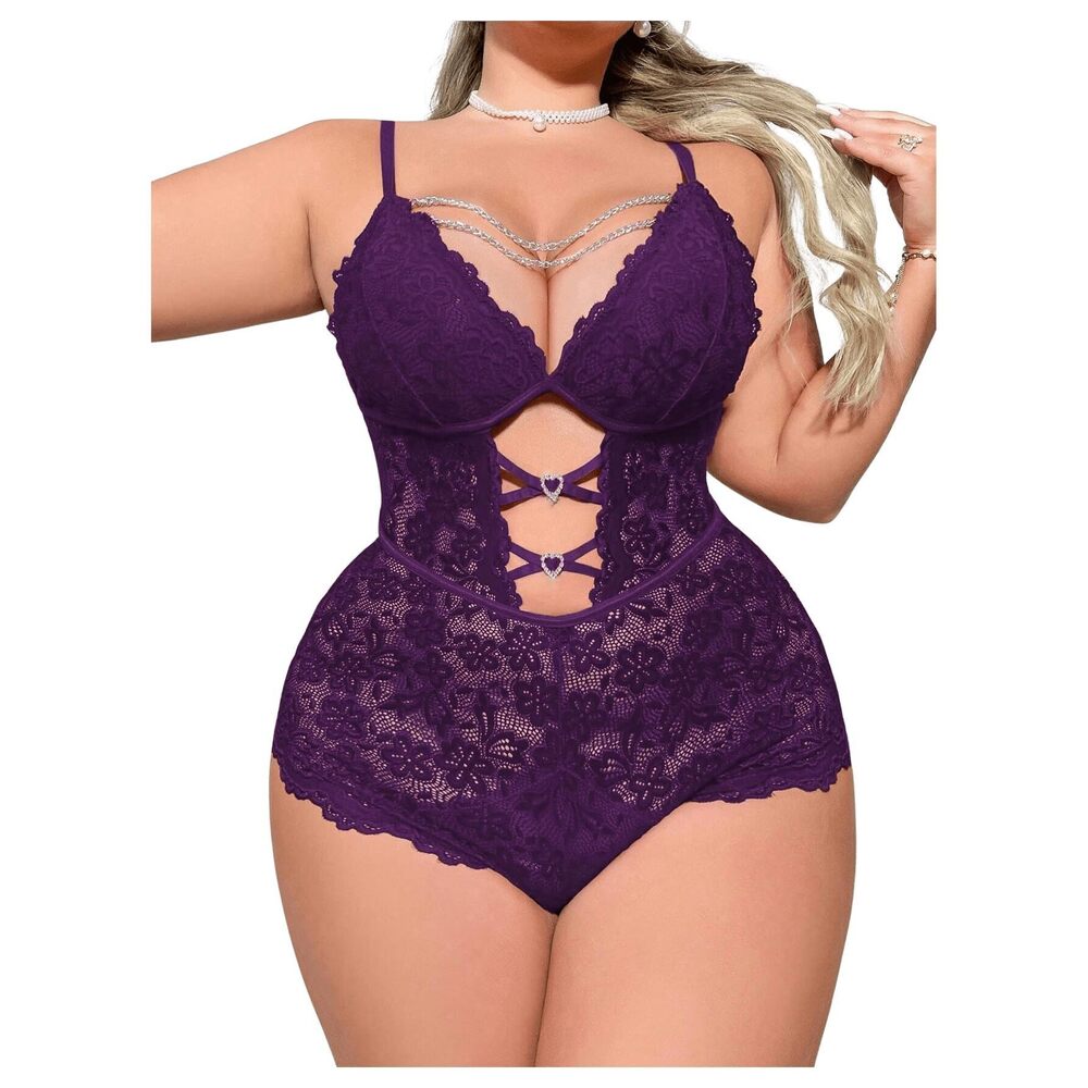 2676 Plus Size Sexy Lingerie Floral Lace Bodysuits with Chain Rhinestone